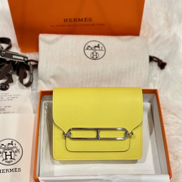 Hermes Handbags - NIB Hermes Roulis Slim Wallet Evercolor Leather Lime Yellow PHW with Receipt